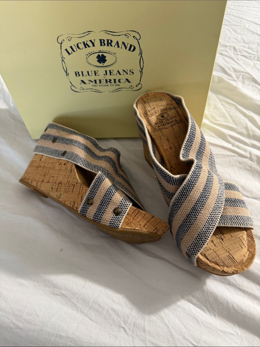 Lucky Brand Miller 2 Cork Wedge Platform Slide Sandals Striped 7M Box